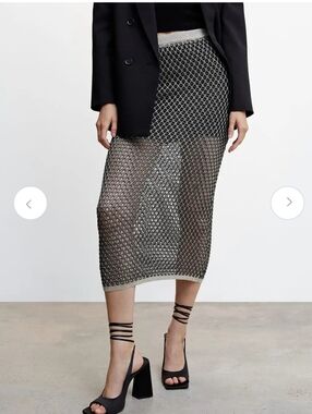 NWT Mango Open Knit Lurex Semi-Sheer Straight Midi Skirt Size L